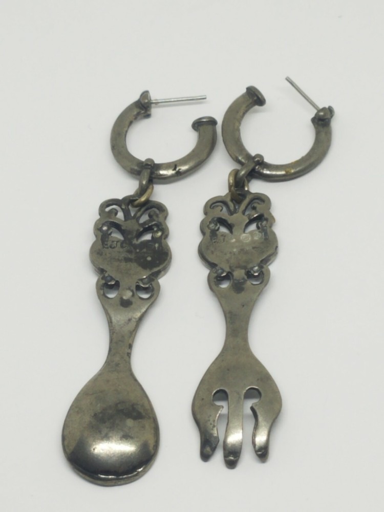 Vintage EJC Silver Tone Sppon & Fork Dangle Earrings Crushed Turquoise Heart