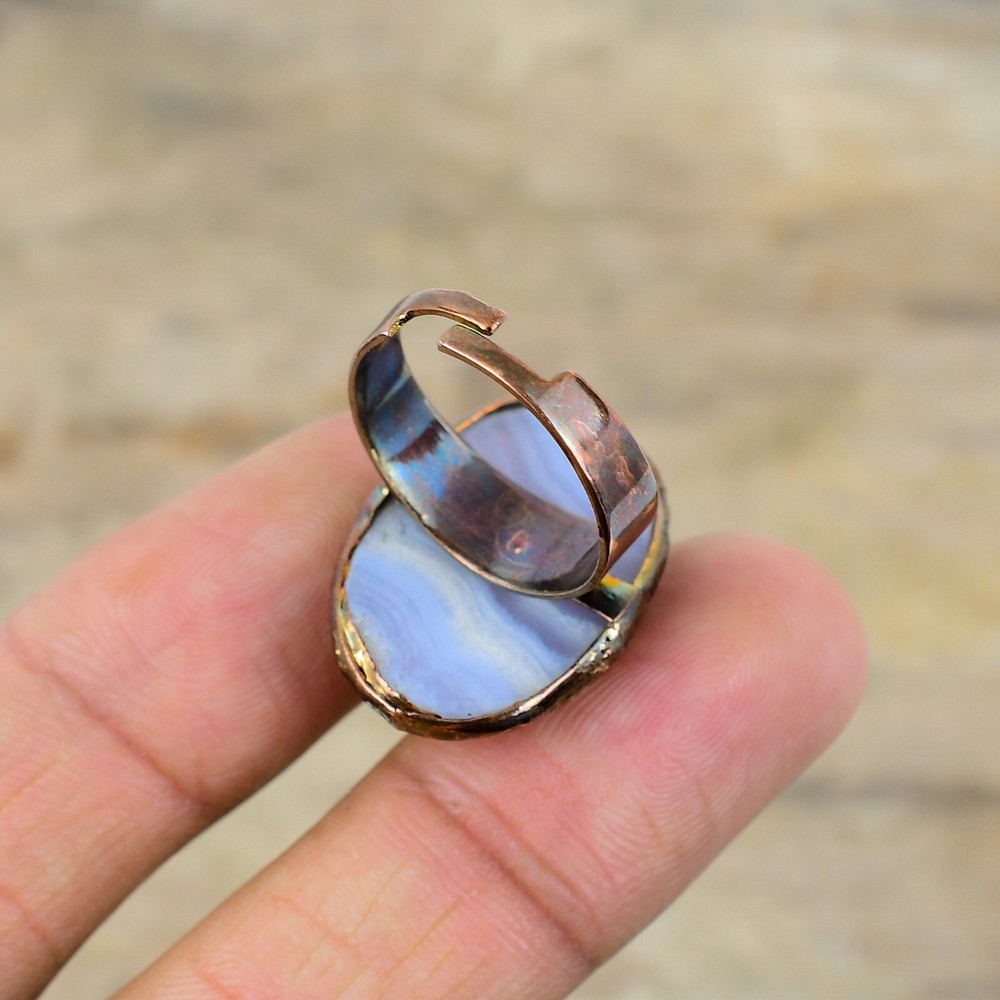 Blue Lace Agate Copper Mum Gift Electroformed Adjustable Ring Size Adjustable