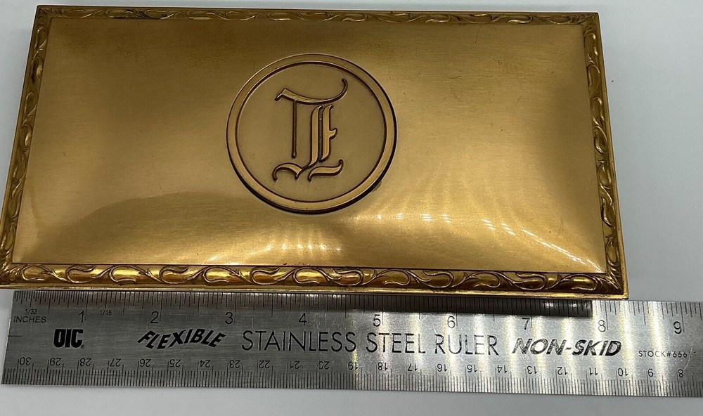 MCM Brass Hyde Park cork lined 8” box attached lid 2 sections 1950s monogram I