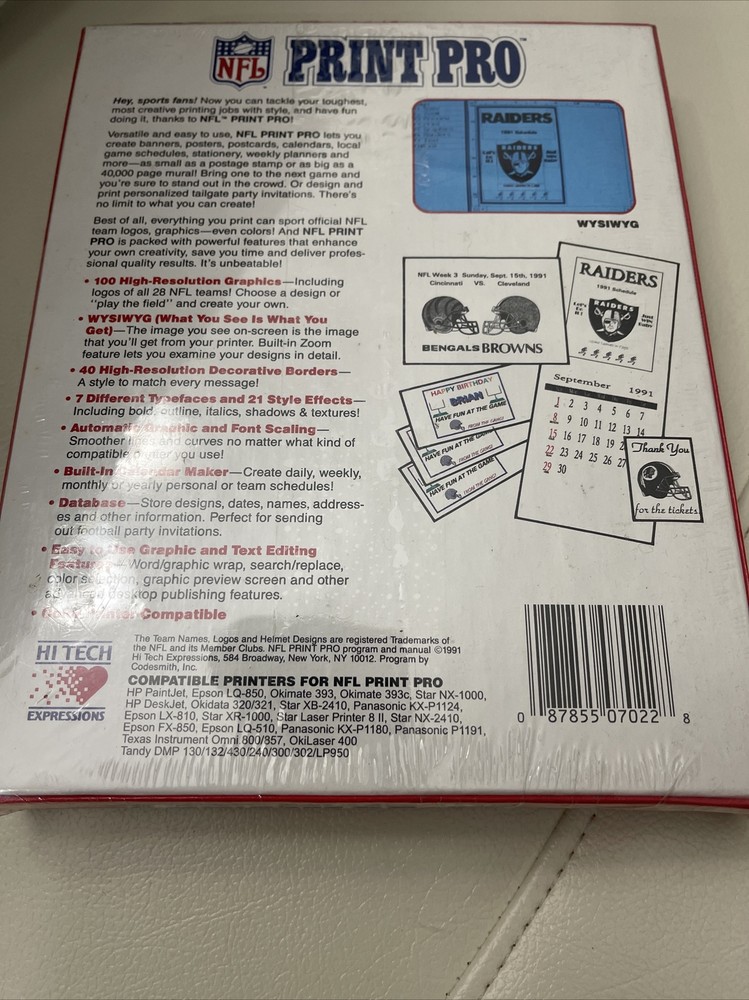 NFL Print Pro VTG Sealed Big Box PC Software MS-DOS