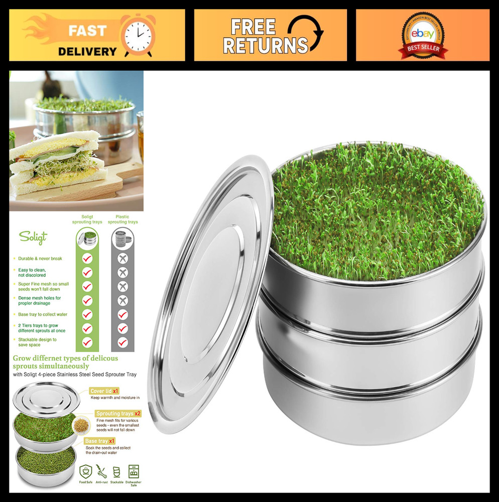 Stackable Stainless Steel Seed Sprouting Kit - 2-Tier Mesh Trays, Base & Lid