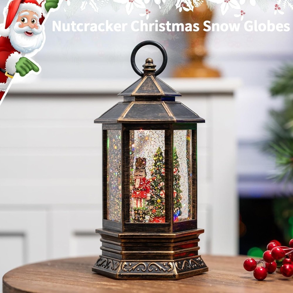 Musical Christmas Snow Globe Lantern Lighted Nutcracker Tree Glitter Decor
