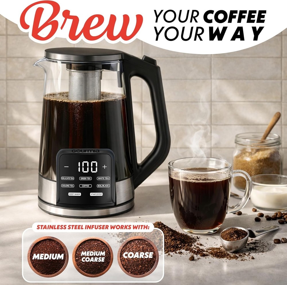 Electric Glass Kettle – 1.7L Programmable Tea & Coffee Brewer with Digital To...