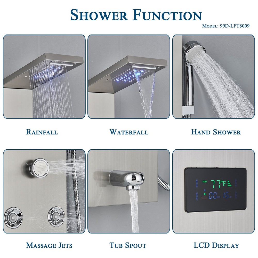 Rain&Waterfall Shower Panel Tower System Stainless Steel 6-Function LED Massage