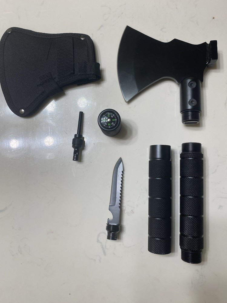 Multipurpose Axe Flint Fire Igniter, Combat Knife, Built In Compass, Whistle￼