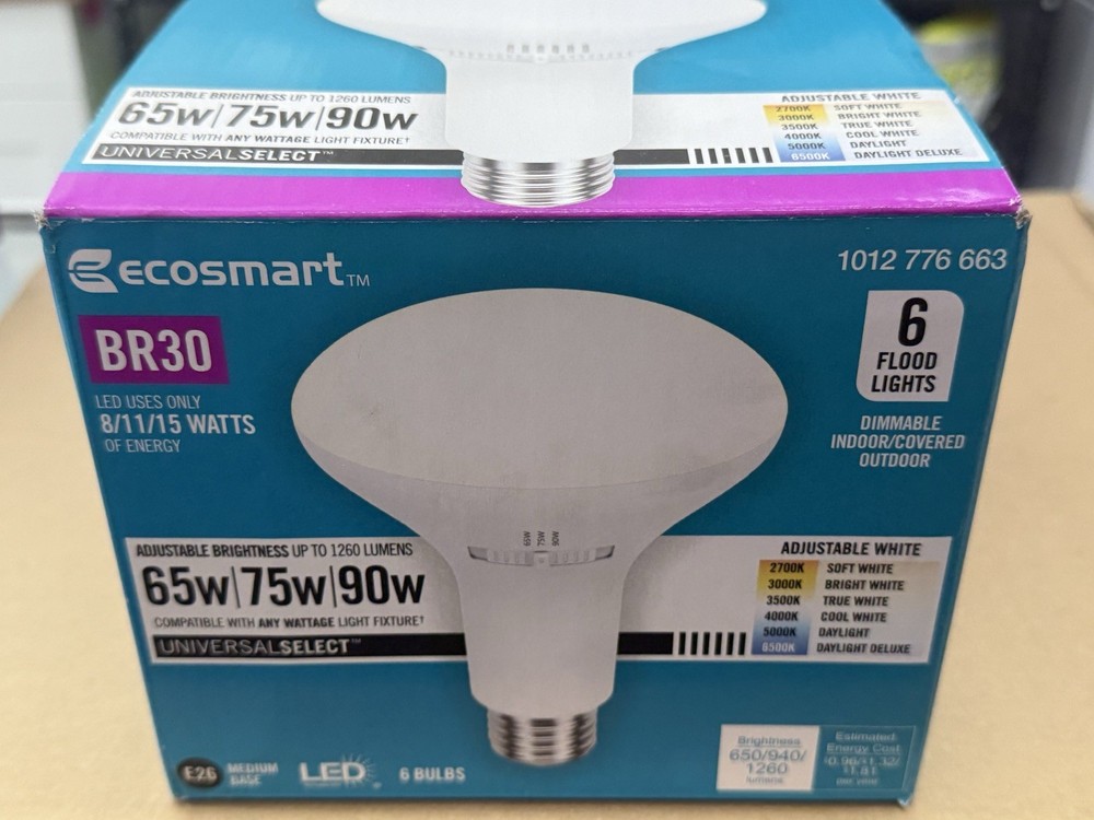 Universal Select - 65/75/90-Watt -ecosmart BR30 - Flood Lights Dimmable- 6 Bulbs