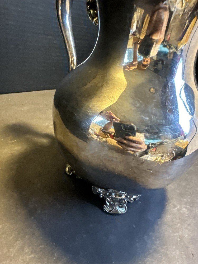Vintage Silverplate Pitcher Ornate Handle Footed 9” Decorative #R86