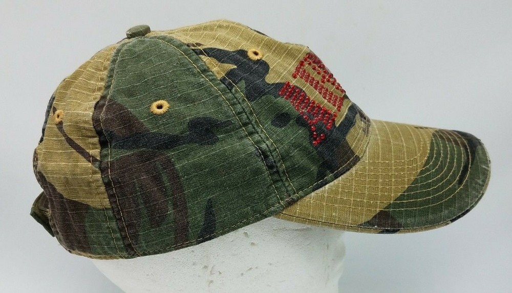 Green Camo ARMY Ball Cap Applied Red Sequins Adjust in Back