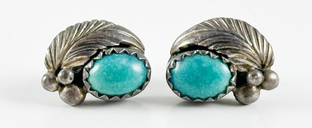 Post Native American Signed “K”  Sterling Turquoise Earrings Feather Stud