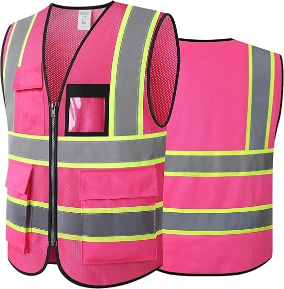 Reflective High Visibility Safety Vest with Pockets, Zipper Front, ANSI/ISEA