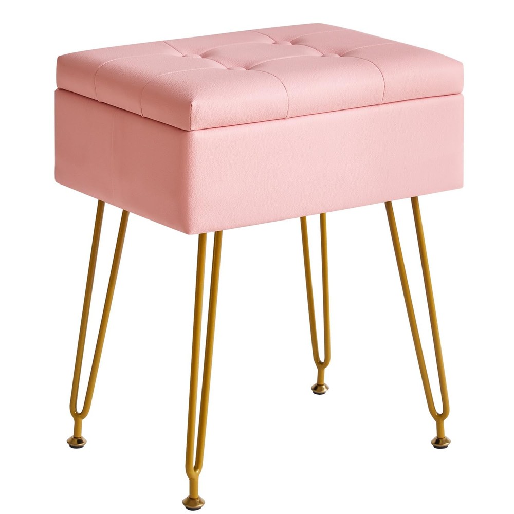Multifunctional Storage Vanity Stool with Flip Tabletop, Adjustable Metal Leg...