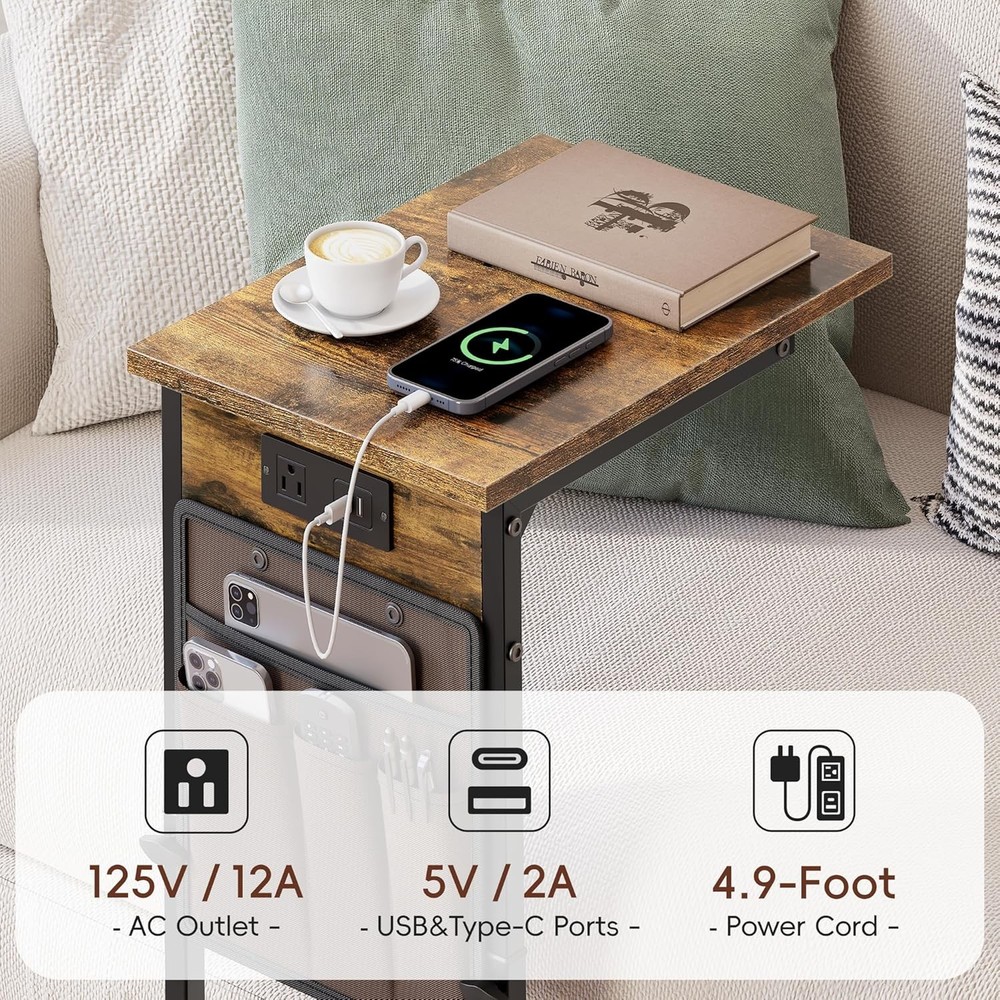 Vagusicc C Shaped End Table with Charging Station, Adjustable Rustic Brown