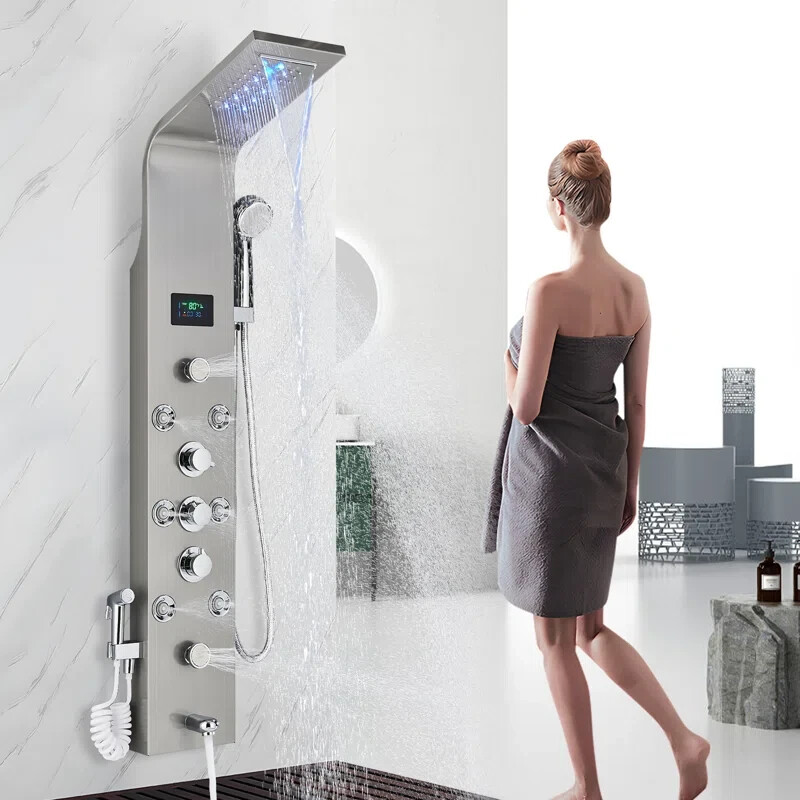 Shower Panel Tower System LED Rain&Waterfall Massage Jet Spraye Stainless Steel