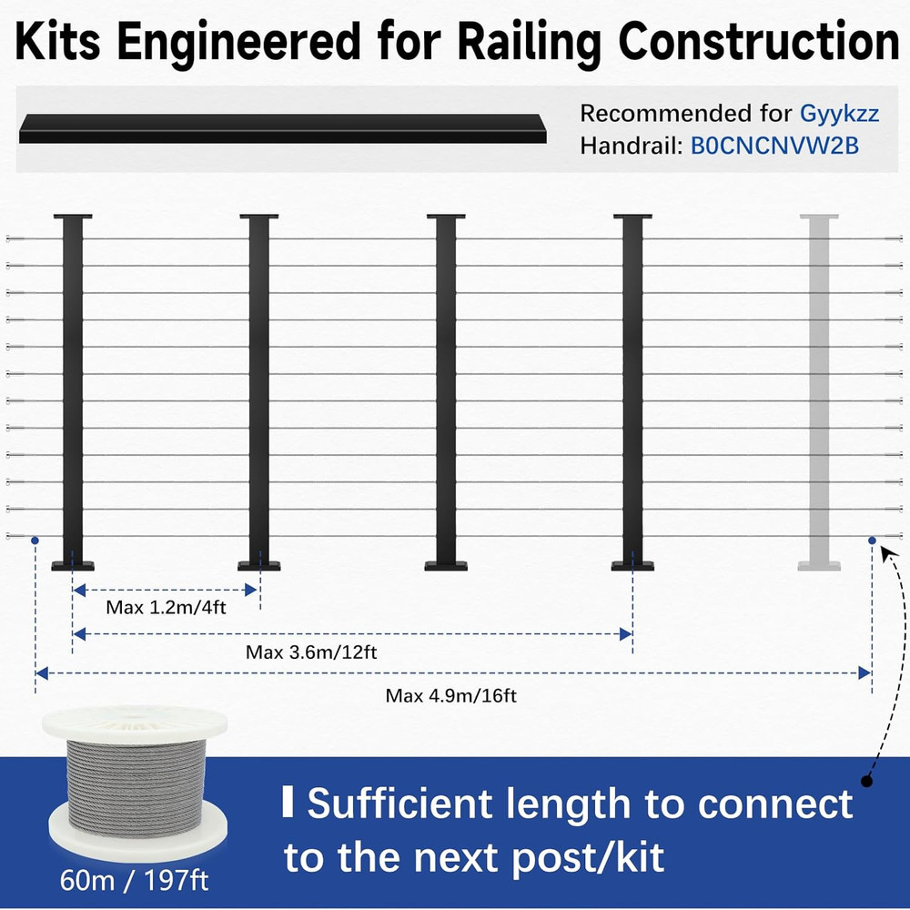 Modular Cable Railing Post Kit 12-16FT with 4 Posts & 197FT Cable System