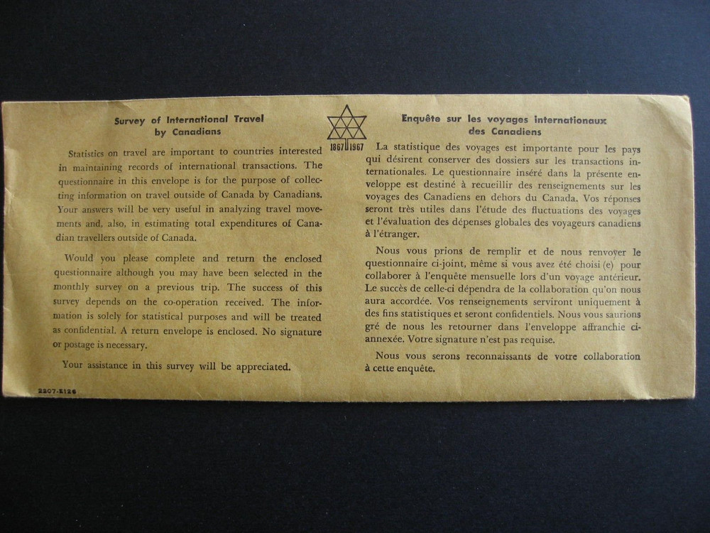 Canada Centennial International Travel Survey envelope