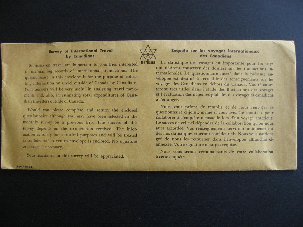 Canada Centennial International Travel Survey envelope