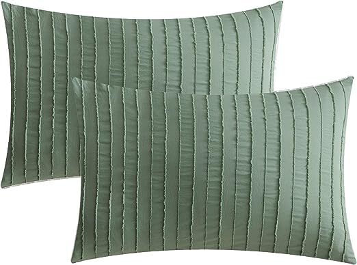 2 Pack Green Pillowcases King Size Soft Microfiber Striped Tufted Pillow Cove...