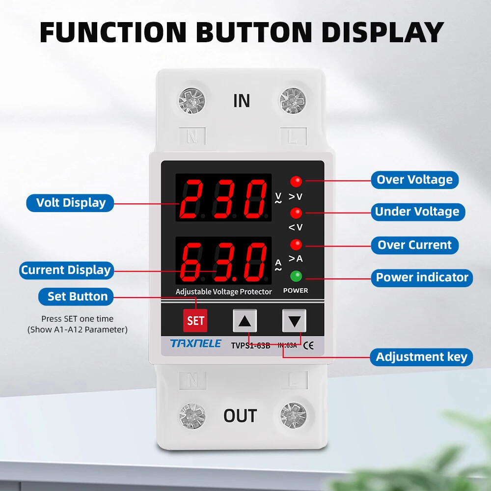220V 63A Adjustable Voltage Relay Over Under Voltage Protector Wattmeter Meter