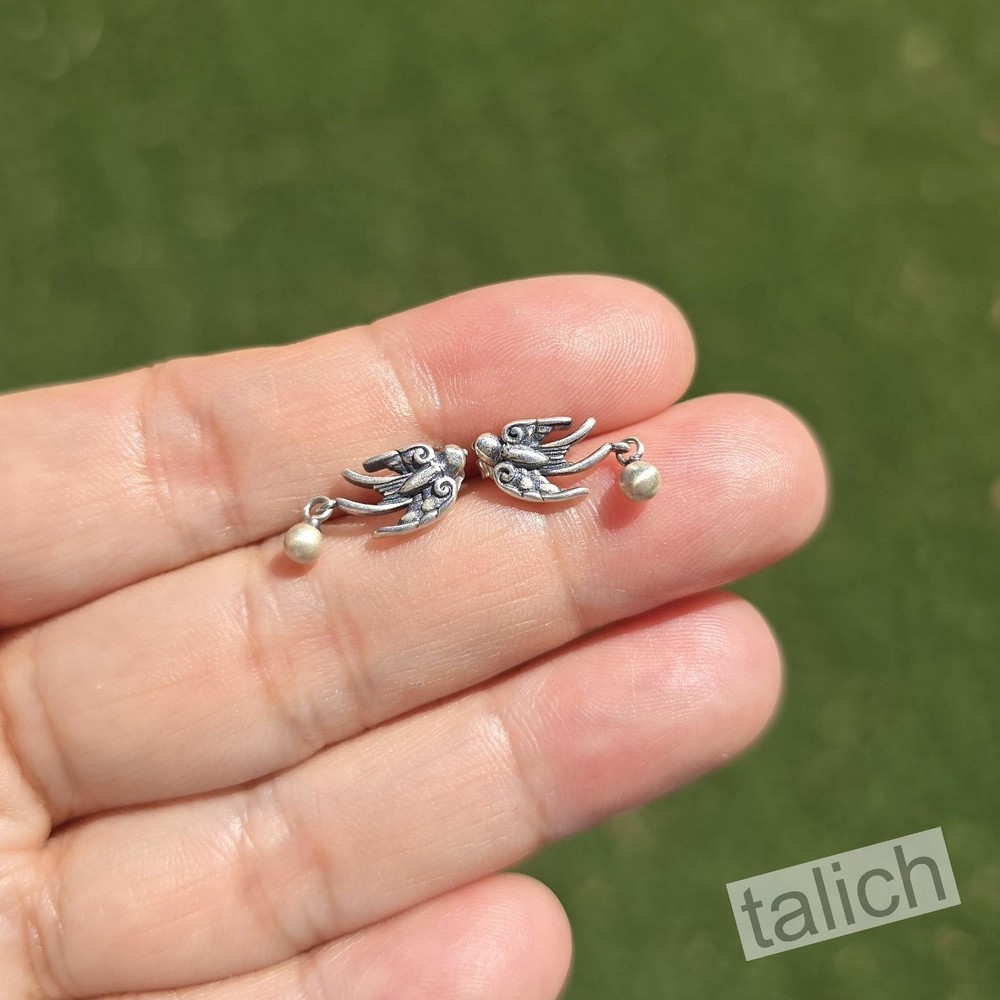 Sterling Silver Flying Swallow Bird with Tiny Bead Small Stud Earrings Unique