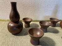 Bizen ware sake set, 2 sake bottles, 5 choko cups, same box