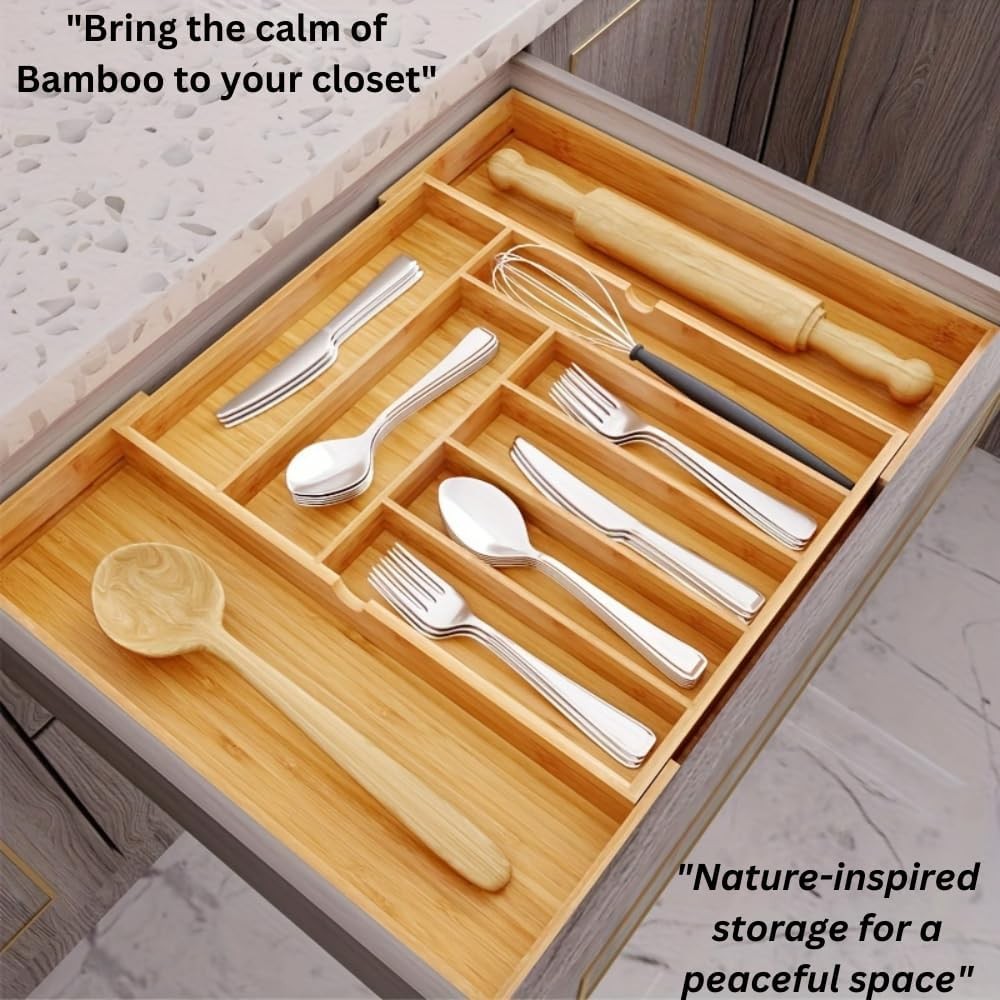 Bamboo Kitchen Drawer Organizer: Expandable Tray, Adjustable Natural