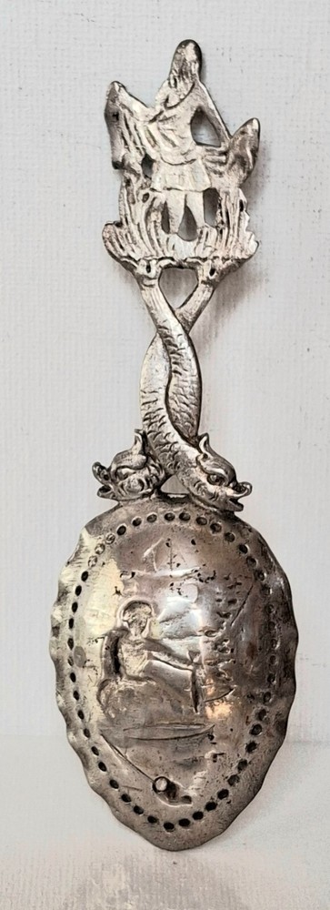 ANTIQUE GERMAN 800 SILVER DRAGON FISH HANDLE TEA CADDY SPOON