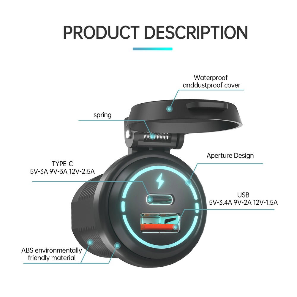Quick Charger Car Cigarette Lighter Socket Dual USB Type-C Port Charging Power