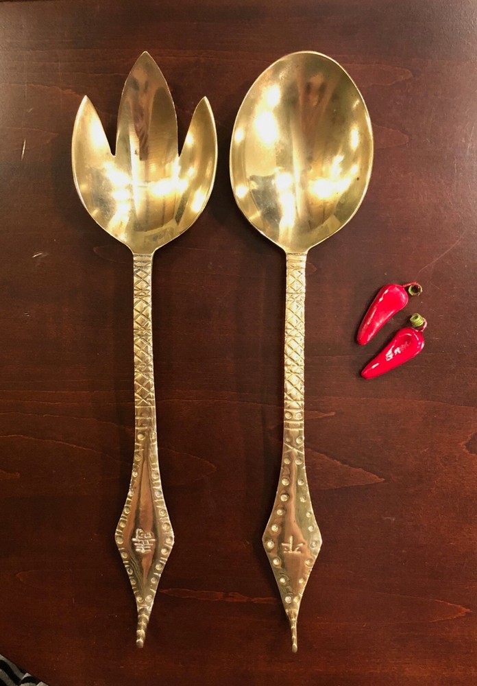 VTG Handcrafted Decorative Ornate Solid Brass Fork & Spoon Salad Serving Set 12"