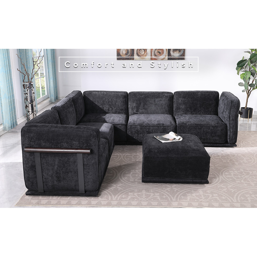 120 Inch Black Chenille Modular Sectional Sofa, Square Arms, Split Back, Modern
