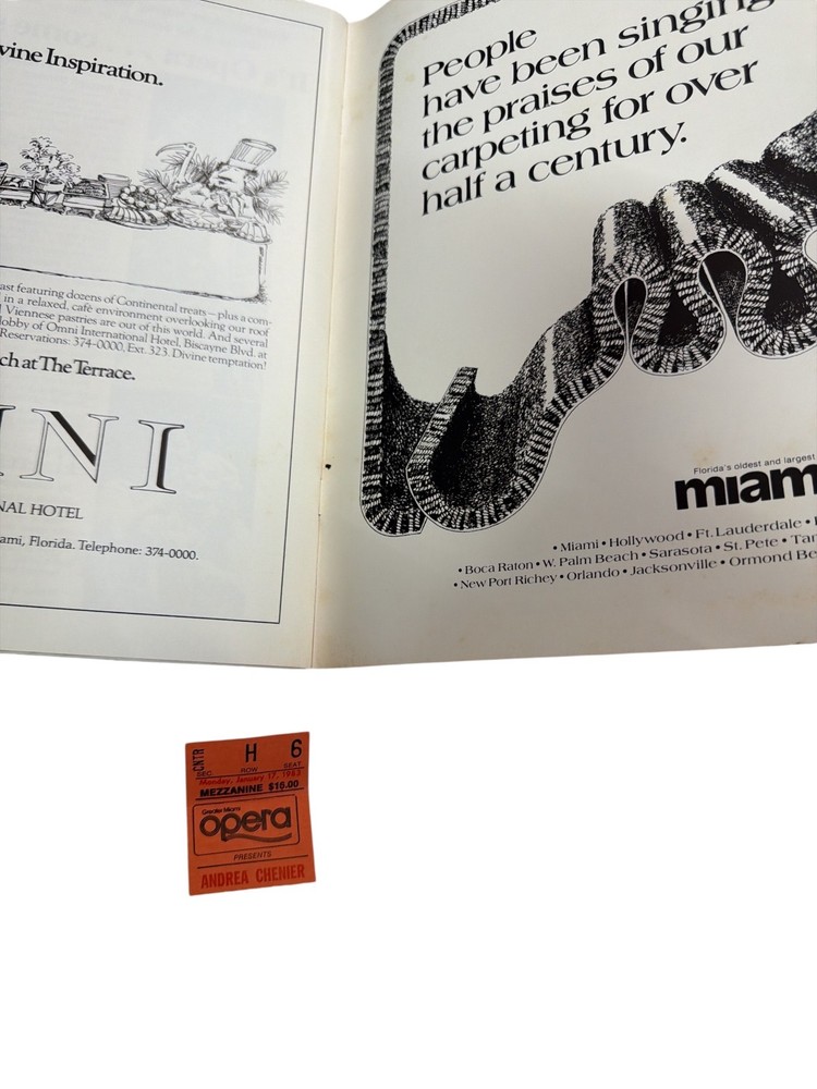 Greater Miami Opera 1982 1983 Andrea Chenier Program + Ticket Stub
