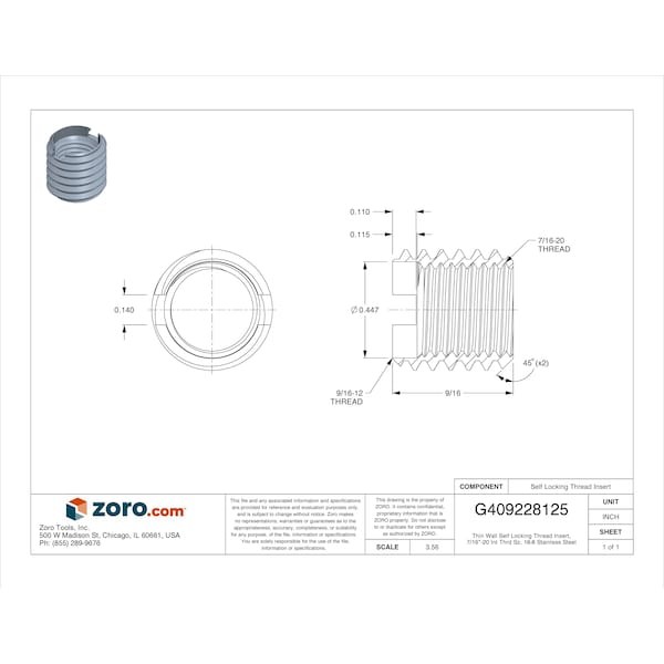 Thin Wall Self Locking Thread Insert, 7/16"-20 Int Thrd Sz, 18-8 Stainless