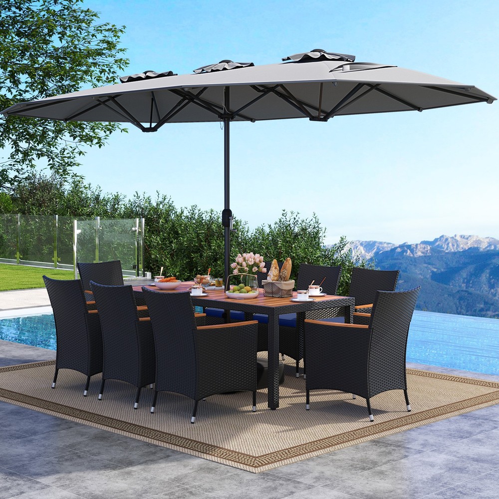 11 PCS Patio Wicker Dining Set w/Double-Sided Outdoor Umbrella 8 Stackable