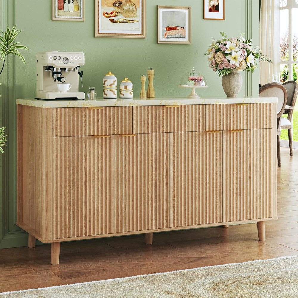 55" Fluted Buffet Cabinet with Storage, Large Sideboard Buffet Cabinet with 4 Do