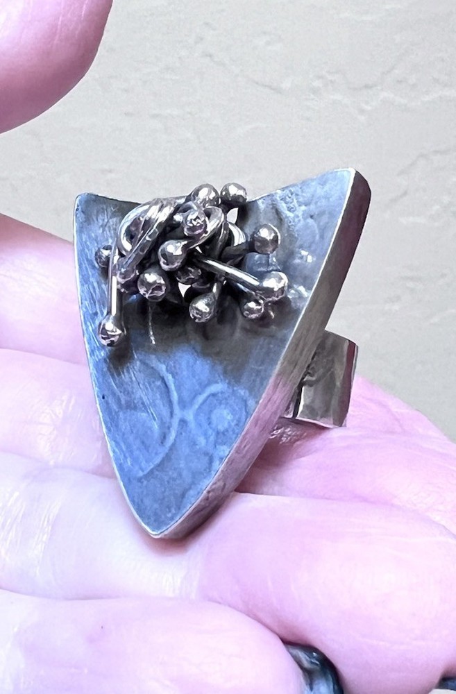 LOVELY Sterling Silver Artisan Large Textured, Articulated Triangular Ring