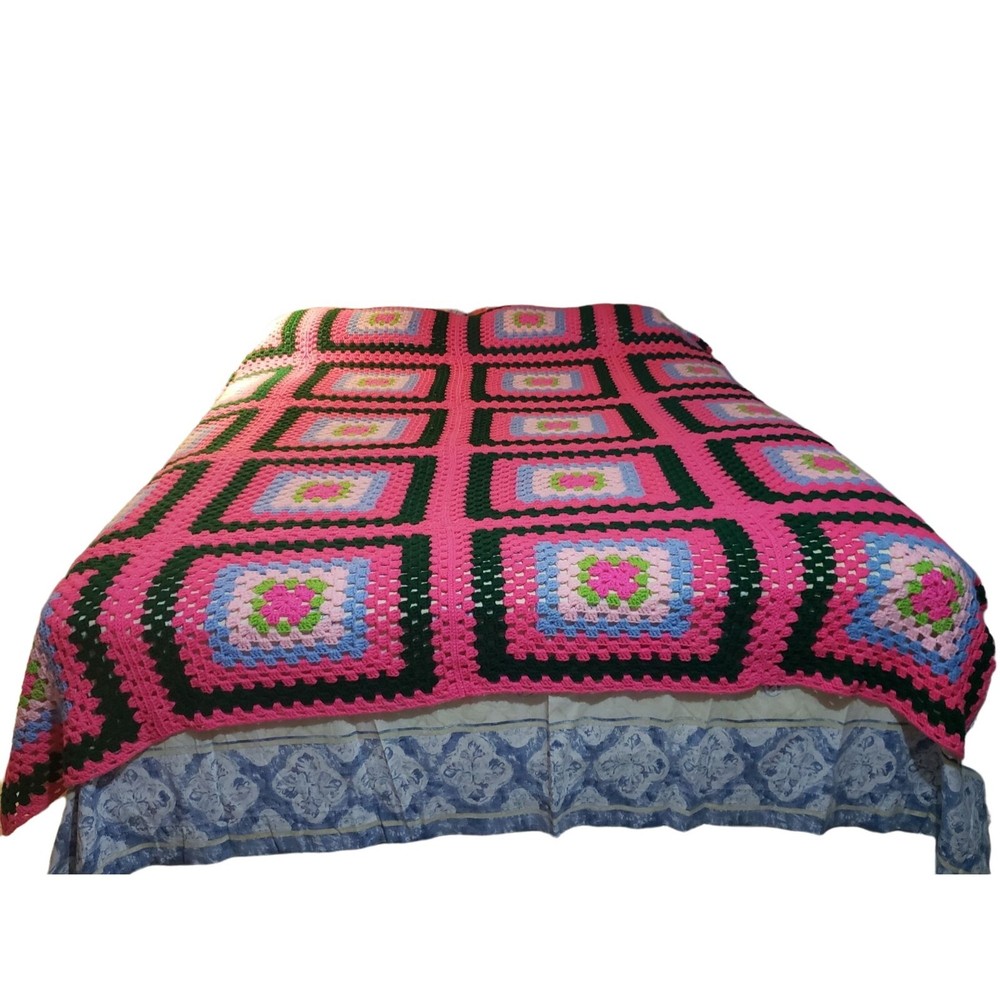 Granny Square handmade Crochet 77" x 98" Bedspread Throw Multicolor