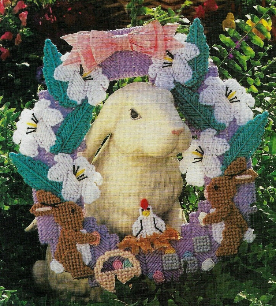 EASTER WREATH BUNNIES & FLOWERS PLASTIC CANVAS PATTERN INSTRUCTIONS