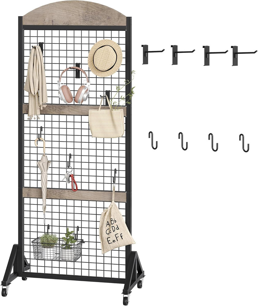 Movable Grid Wall Panel Display Rack with Wheels & Hooks - Greige/Black