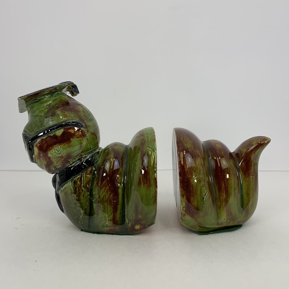 Vintage Mid Century Bookends Bookworm Green Brown Ceramic Boho