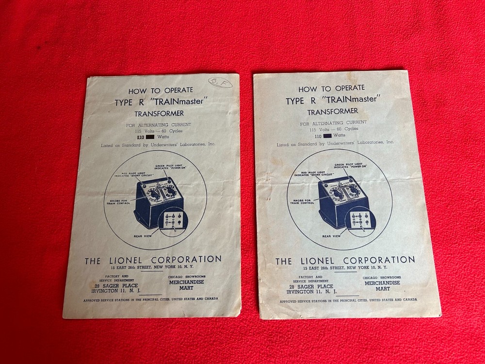 C7 LIONEL POSTWAR TYPE “R” TRAINmaster TRANSFORMER OPERATING INSTRUCTIONS 1946