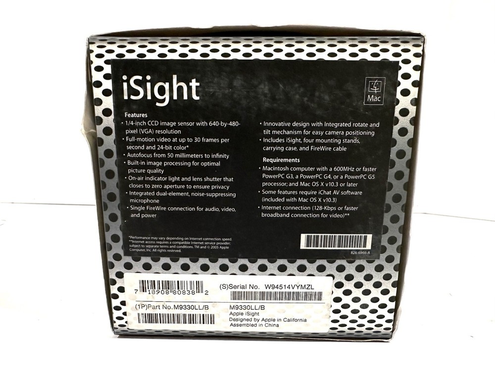 Apple iSight M9330LL/B FireWire Webcam w Noise Suppression Microphone Complete