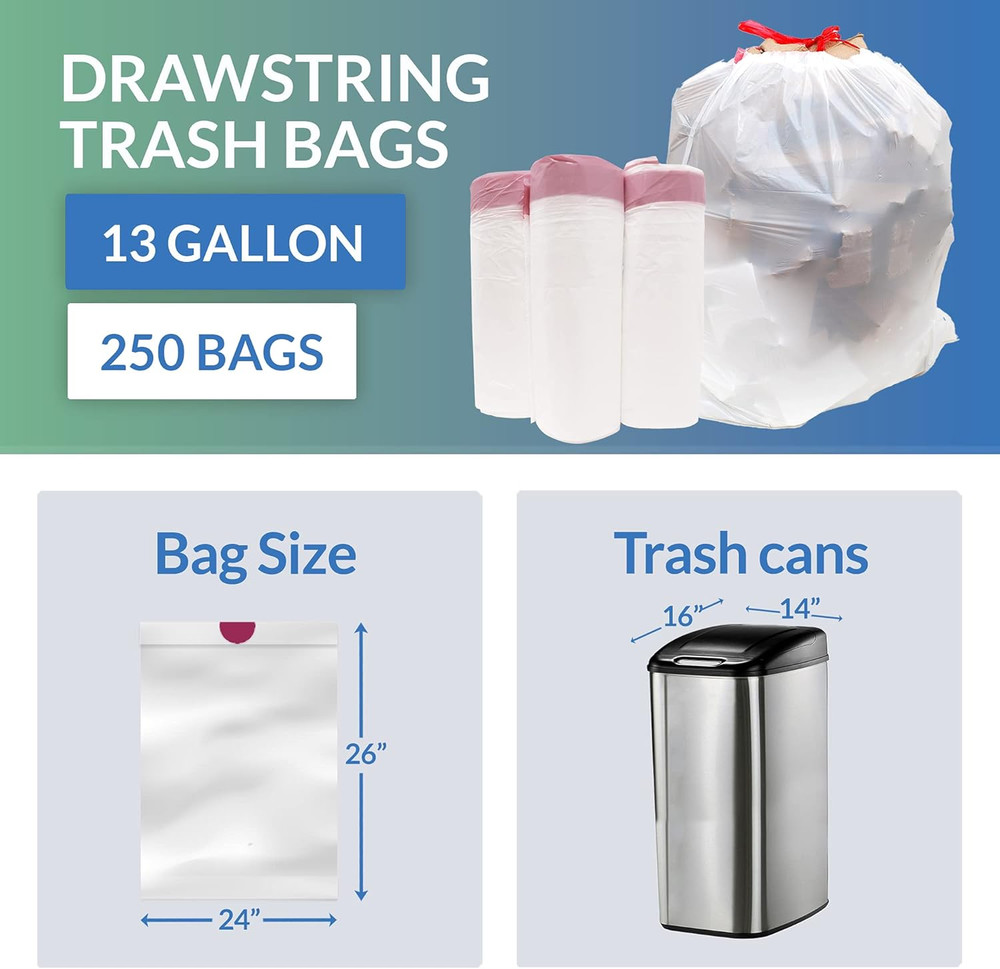 Drawstring Trash Garbage Bags, Tall Kitchen, 250 Count Bulk, White, 13 Gallon -