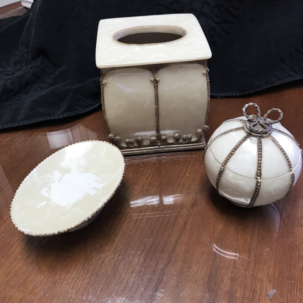 Vintage Croscill Romanza Tissue Cover, Soap Dish,Tinker Box Set