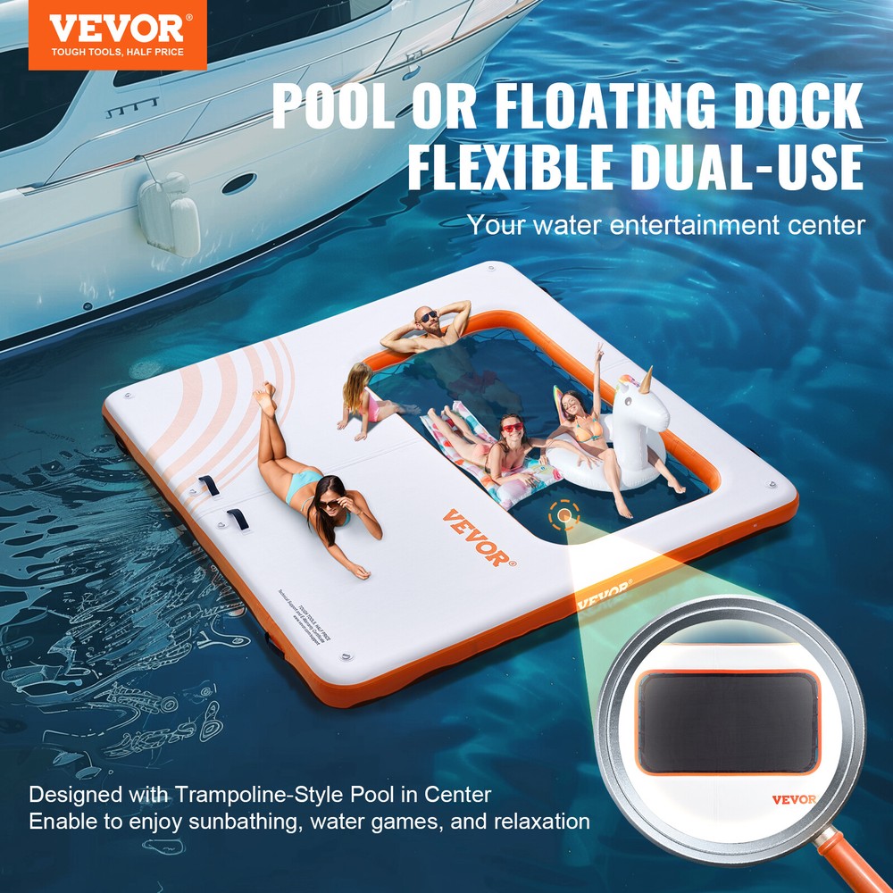 VEVOR Inflatable Floating Dock 10x10FT Water Dock Platform with 4*7FT Mesh Pool