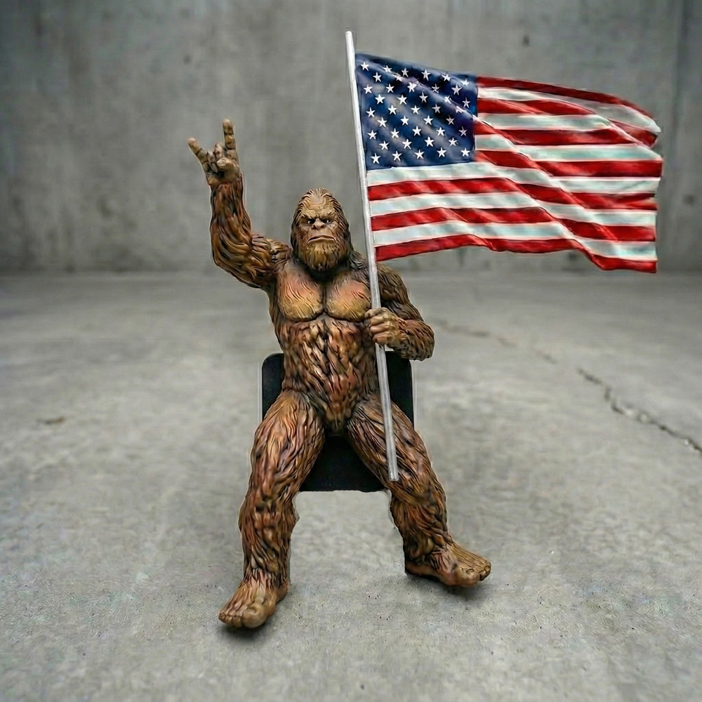 Bigfoot Rock On Hitch Cover with Real Waving American Flag