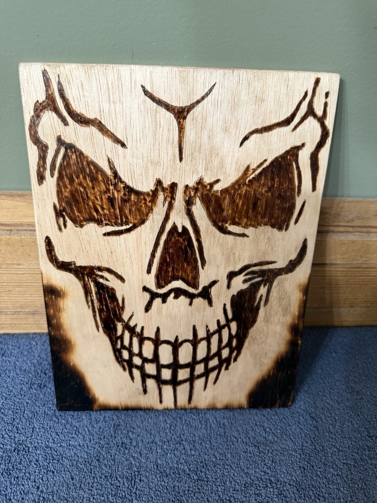 Handmade Pyrography Full Face Skull 8x10” Wall Hanging