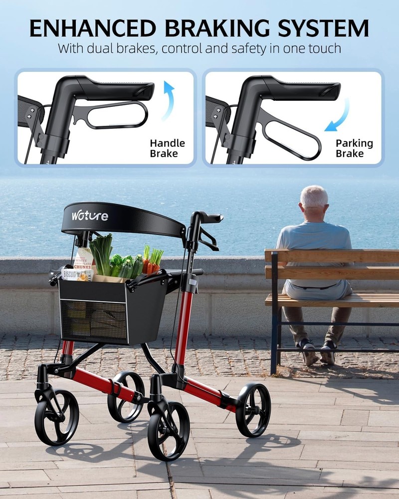 Foldable Rollator Walker with Seat & Back 16lb 8" All-Terrain Wheels Red