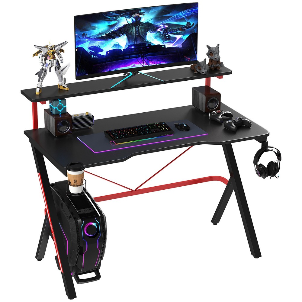 Gaming Computer Desk with Rotating Cup Holder and K Shaped Frame, Red