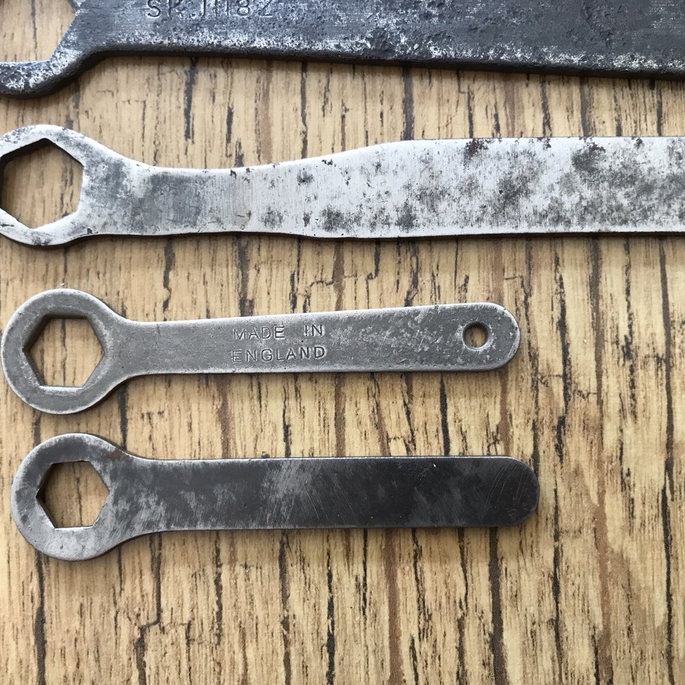 7 Vintage Flat Plate Ring Spanners Classic Motorcycles Tool Kit.