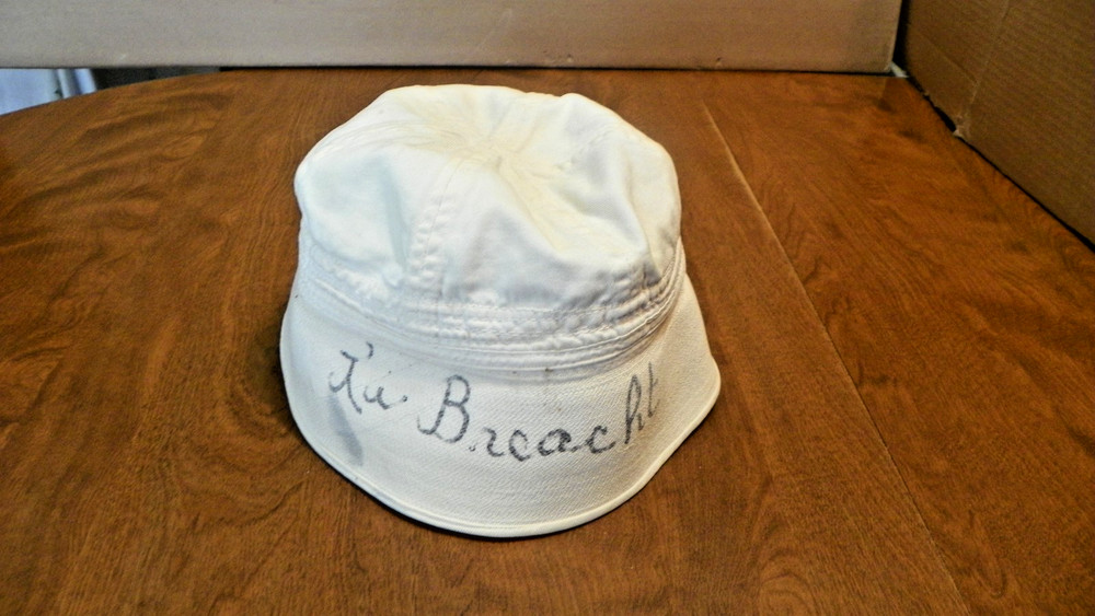 WW!! navy dixie cup hat, with 2 internal loops & name on hat