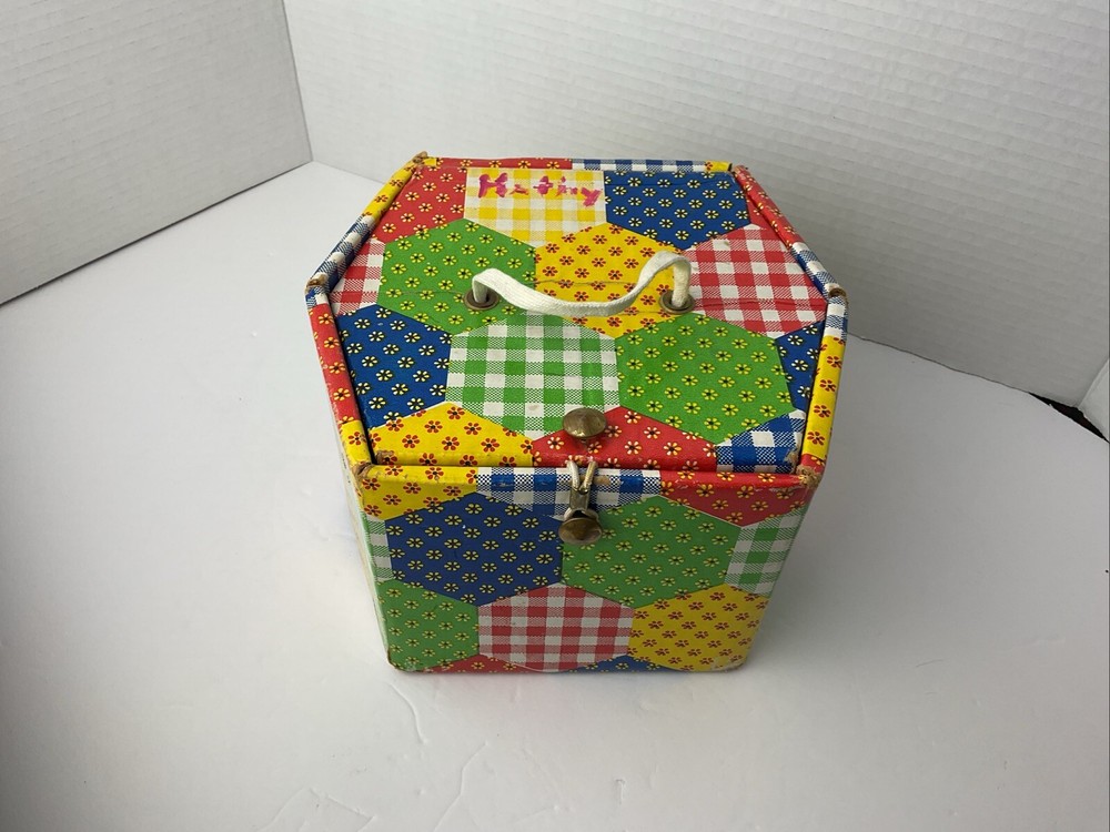 Patchwork Print Sewing Box with Tray Vintage 70s Hexagon Shape Storage
